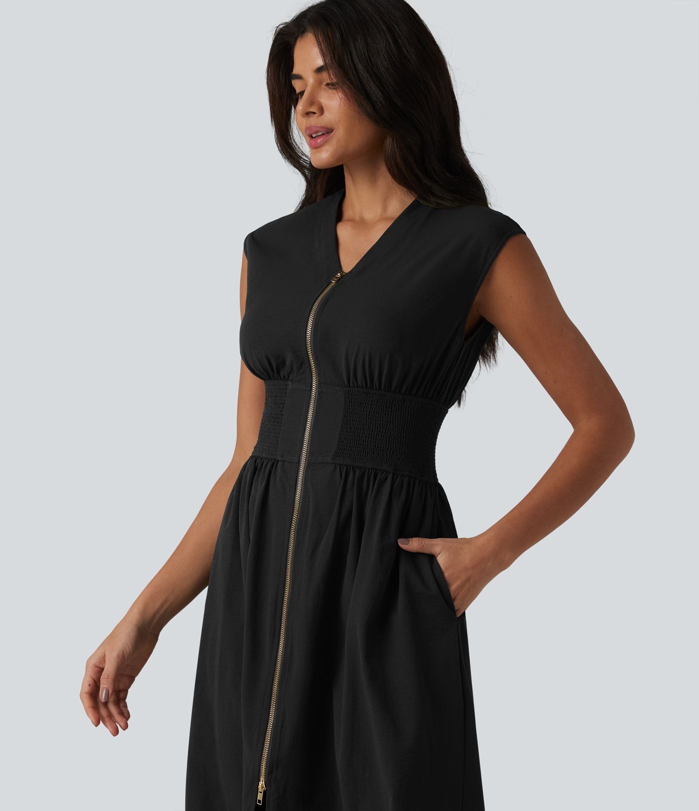 Robe tailleur midi col V sans manches fermeture éclair bidirectionnelle avec poches