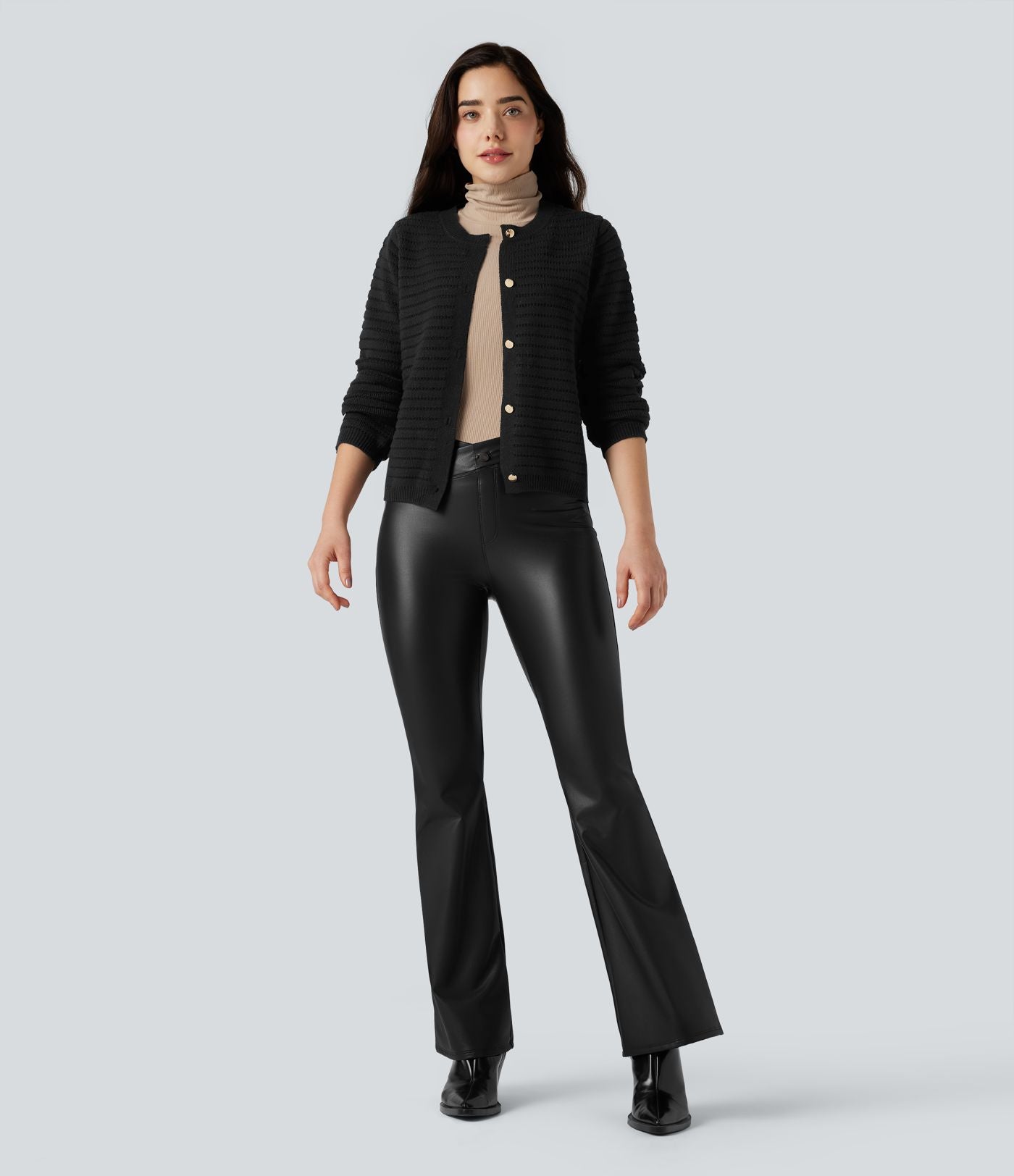 Pantalon évasé asymétrique polaire PU gainant extensible taille haute avec poches