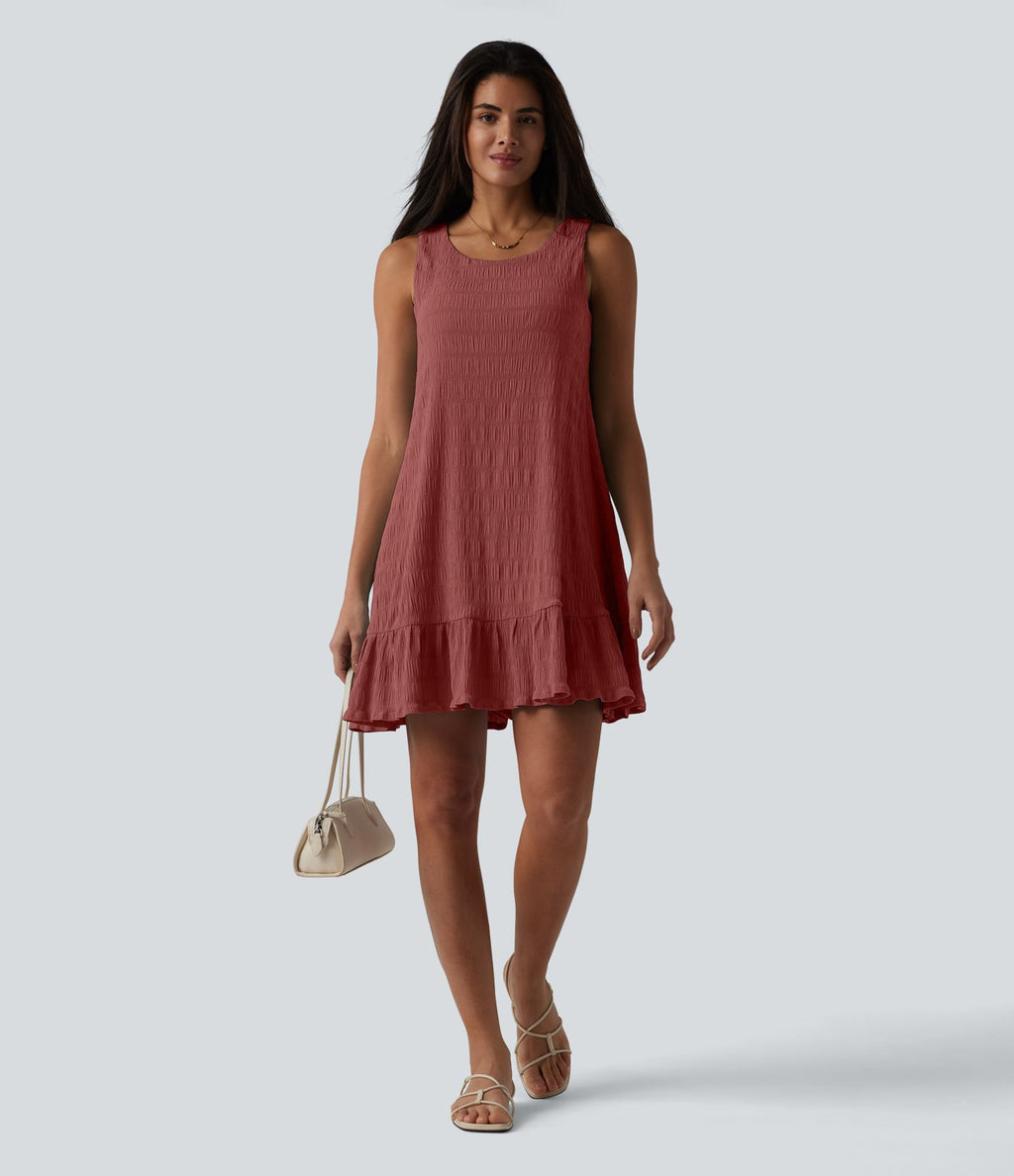 Robe courte décontractée sans manches à col rond, soutien-gorge intégré et ourlet à volants