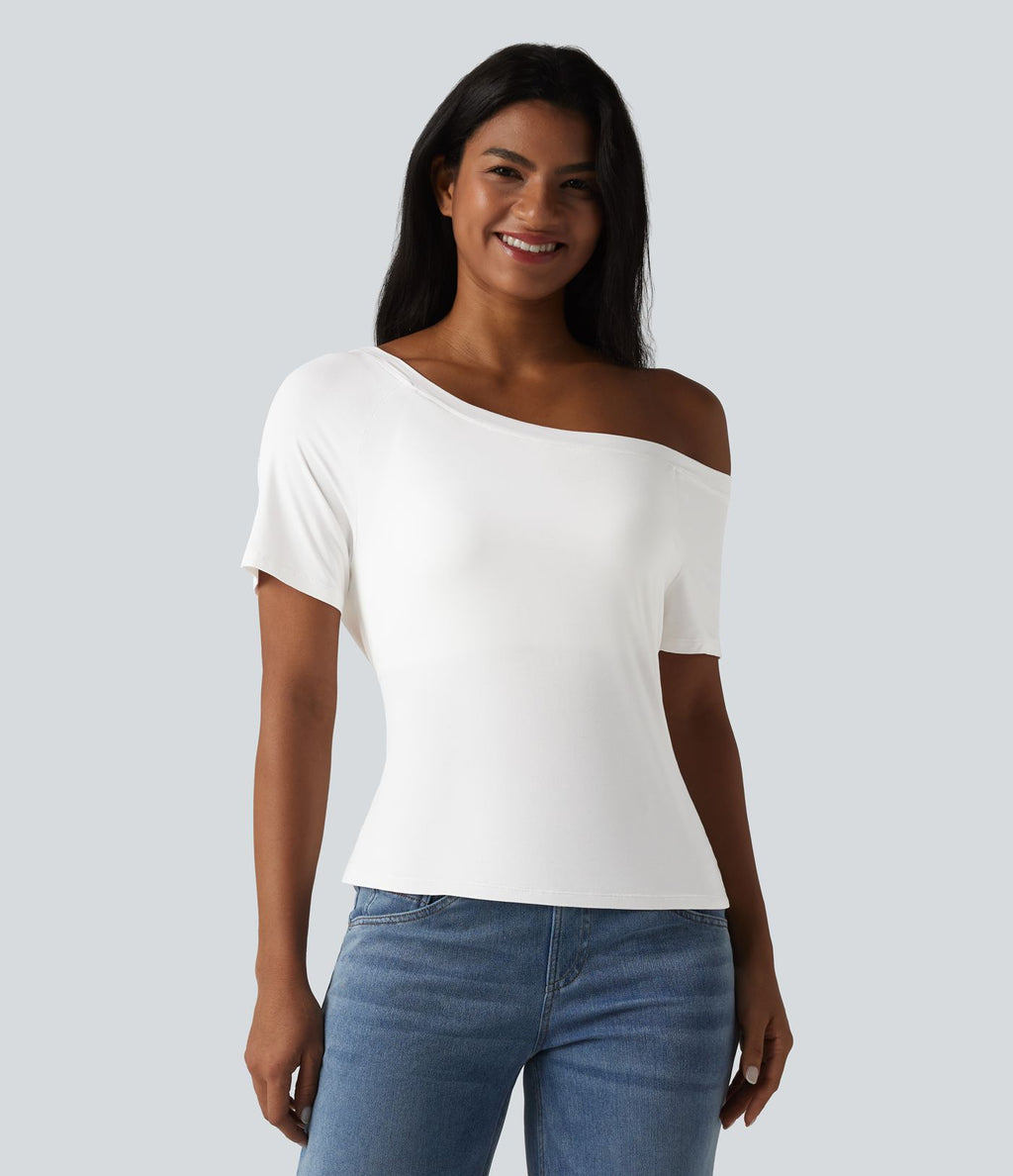 T-shirt décontracté asymétrique manches courtes soutien-gorge intégré nœud devant