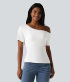 T-shirt décontracté asymétrique manches courtes soutien-gorge intégré nœud devant