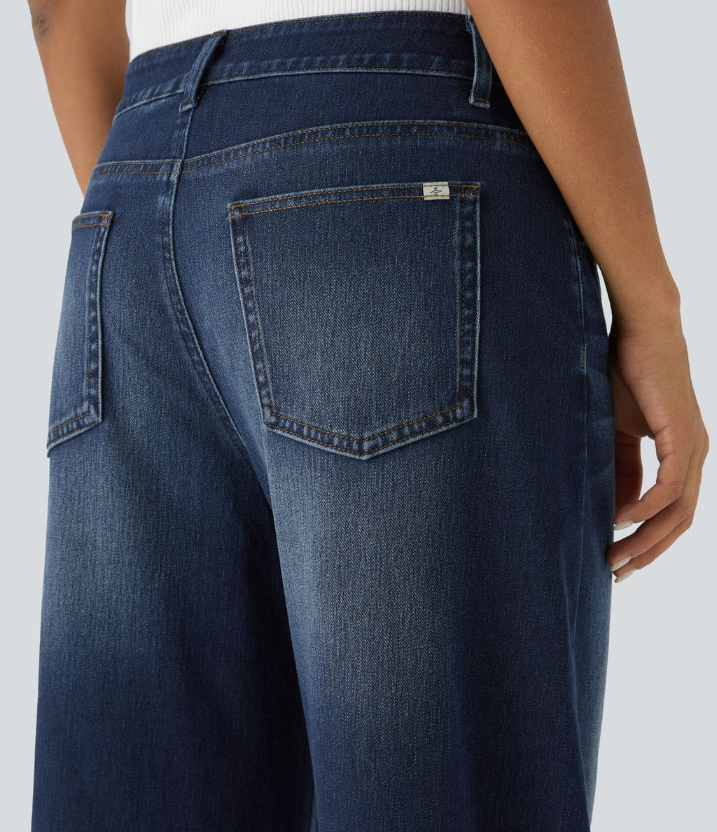 Halara Flex™ Jean Large Casual Taille Basse avec Boutons Zip Multiples Poches Lavés Élastiques et Tricotés