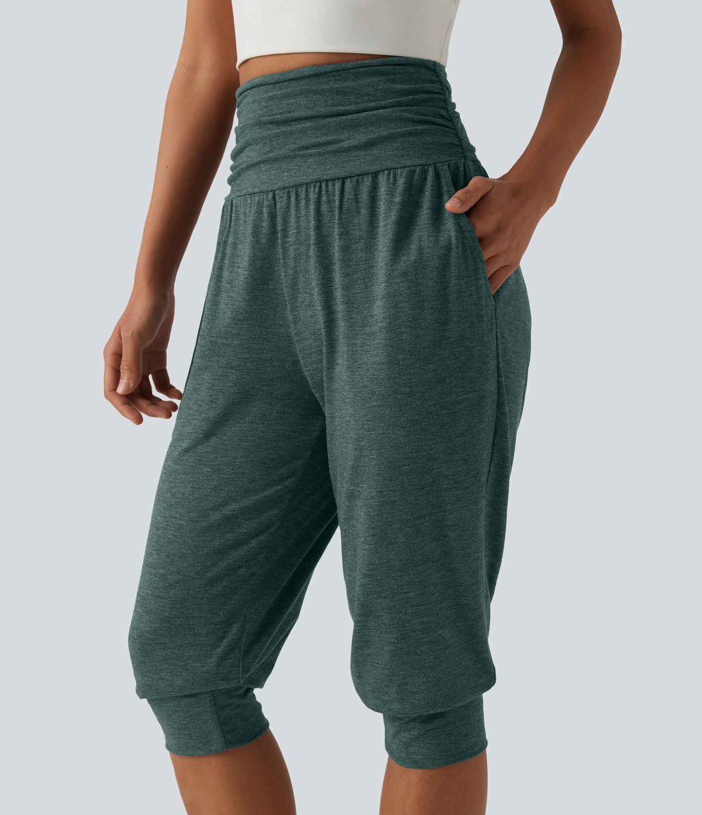Jogging yoga corsaire chiné taille haute à fronces avec poches