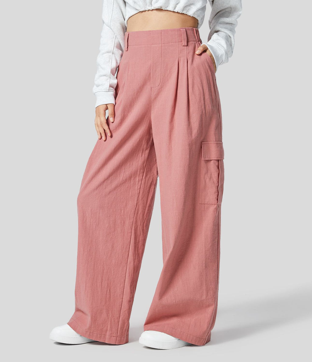 Pantalon Palazzo Fluide à Taille Haute avec Plis et Multiples Poches, Style Décontracté, Aspect Lin