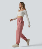 Pantalon cargo décontracté taille haute froncé, aspect lin, avec poches