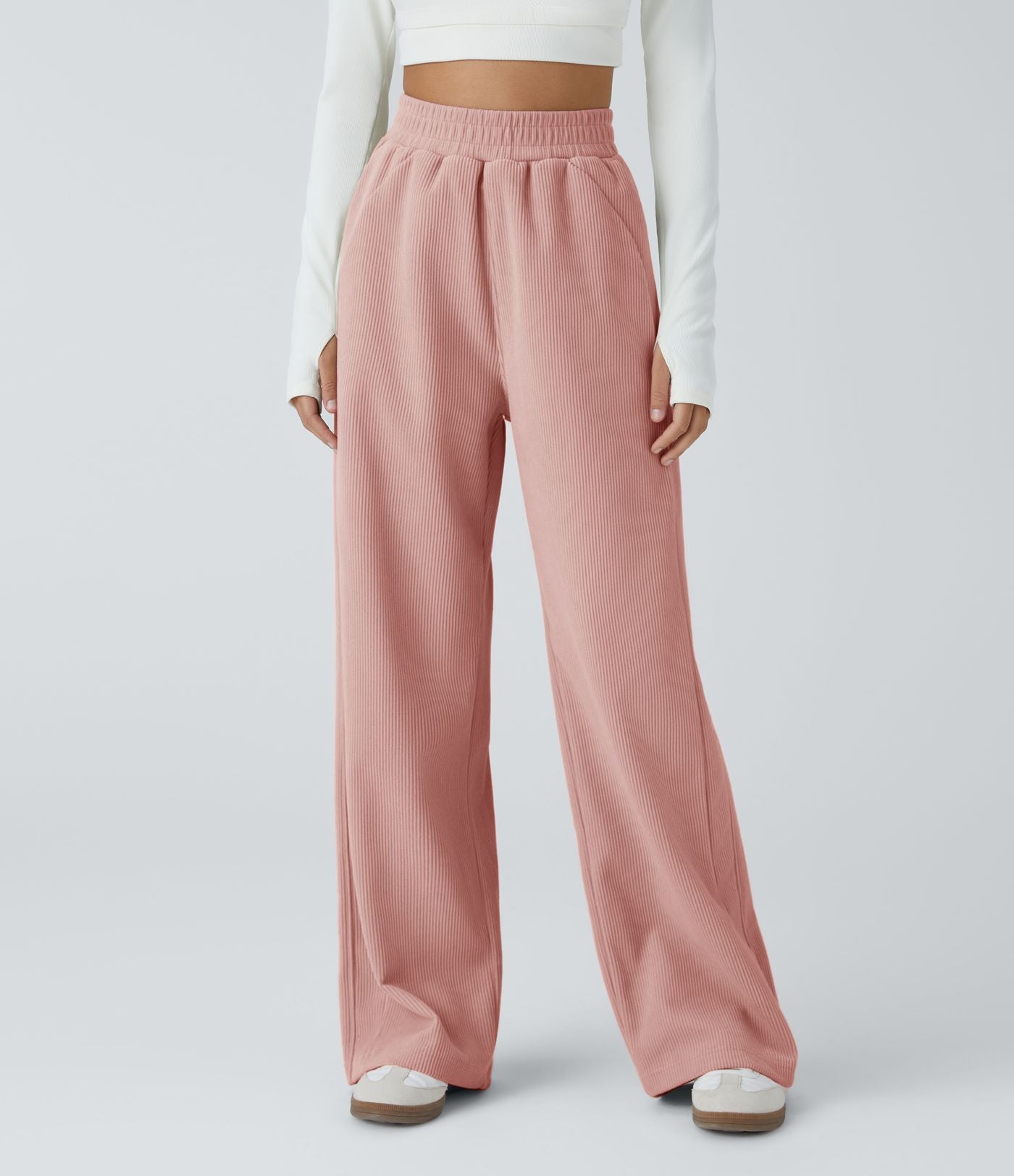 Pantalon velours côtelé de jogging décontracté à taille haute avec poches latérales