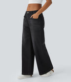 Halara Flex™ Jean Large Casual Taille Basse avec Boutons Zip Multiples Poches Lavés Élastiques et Tricotés