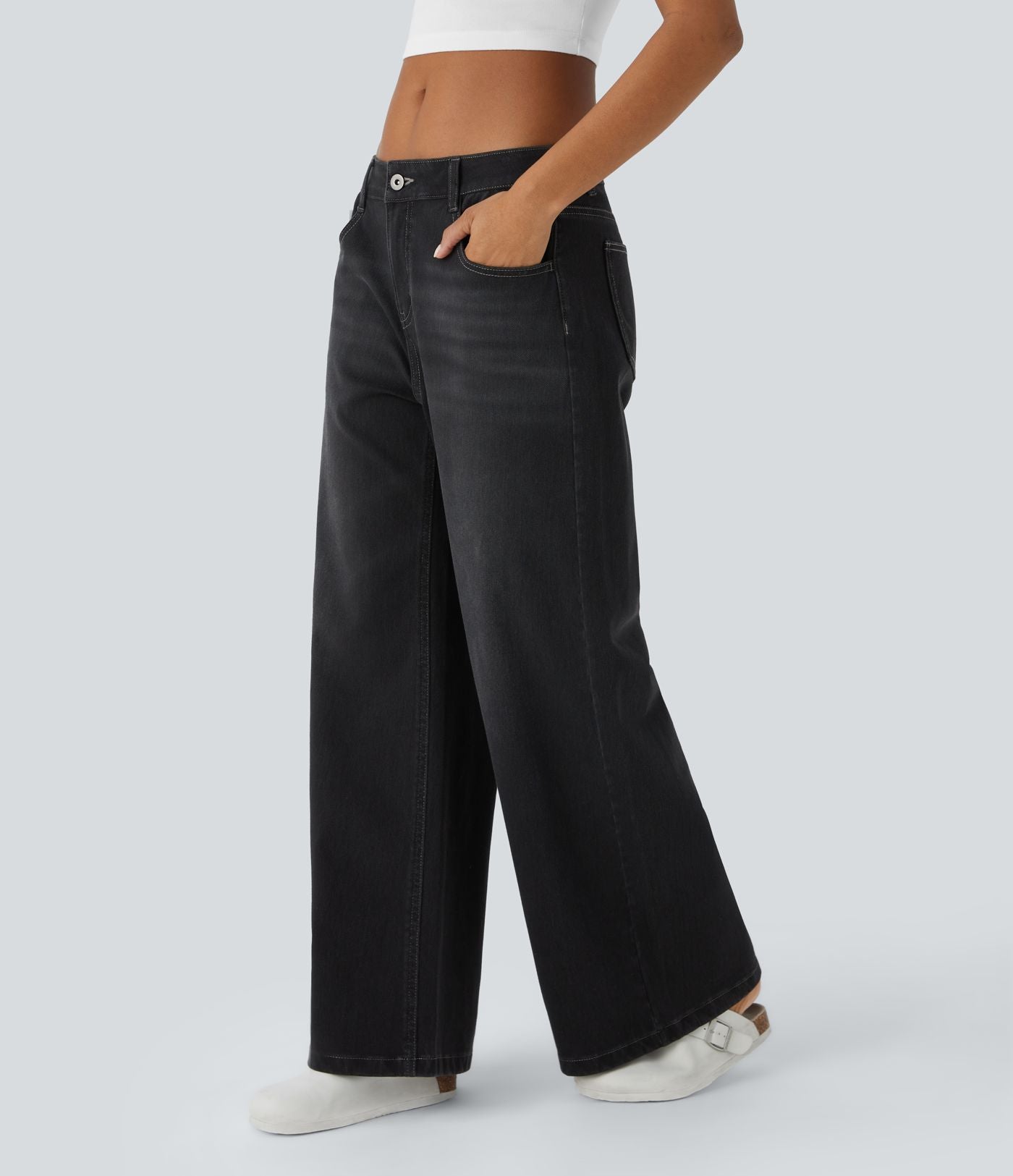 Halara Flex™ Jean Large Casual Taille Basse avec Boutons Zip Multiples Poches Lavés Élastiques et Tricotés