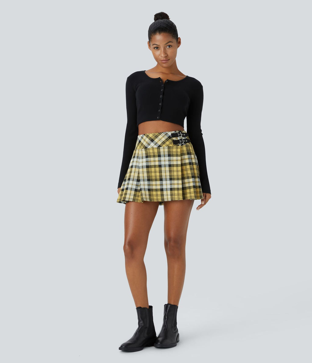 High Waisted de Decorative Buckle 2-in-1 Plaid Pleated Mini Casual Skirt