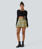 High Waisted de Decorative Buckle 2-in-1 Plaid Pleated Mini Casual Skirt