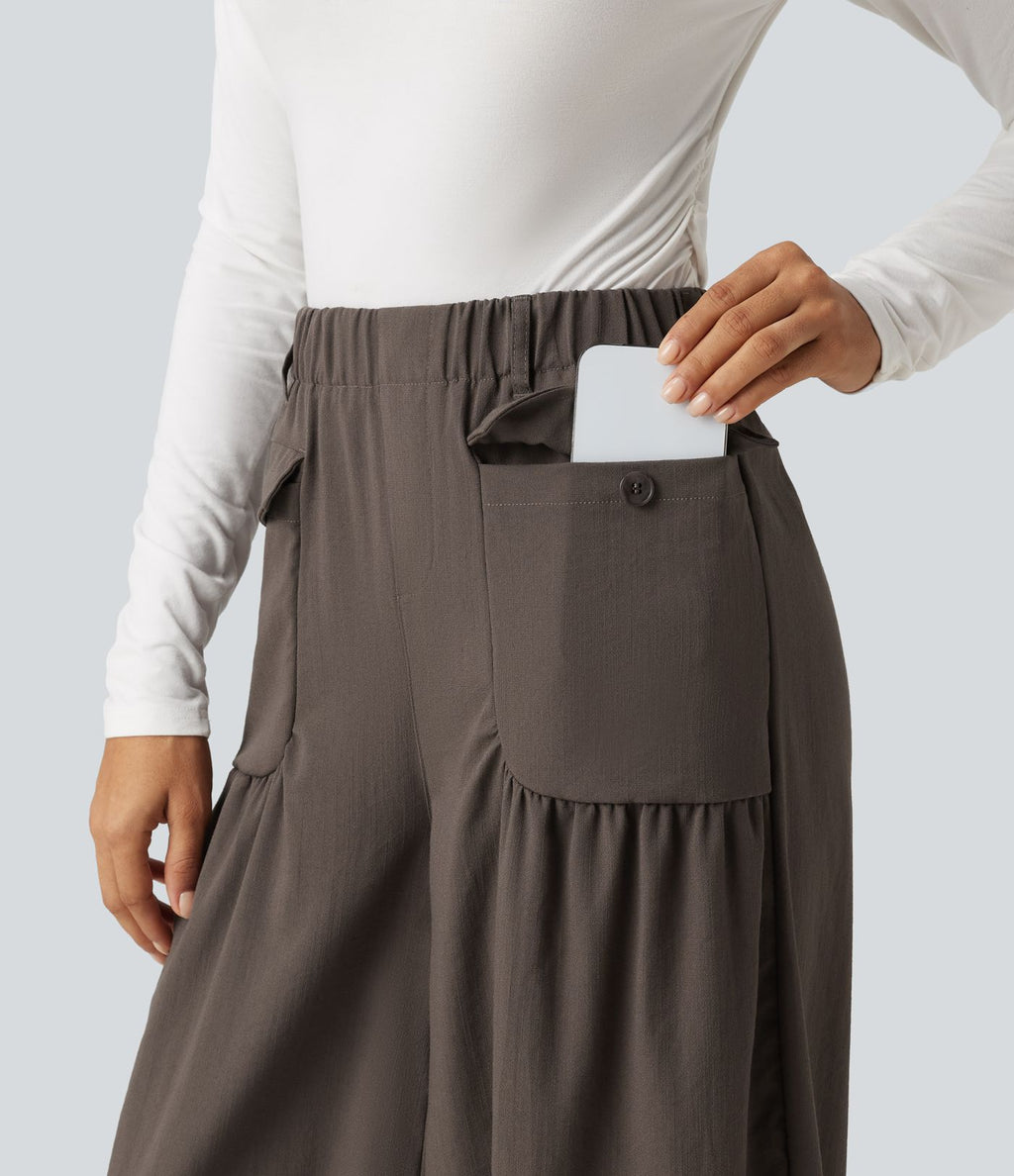 Jogging baggy taille haute effet lin froncé avec poches