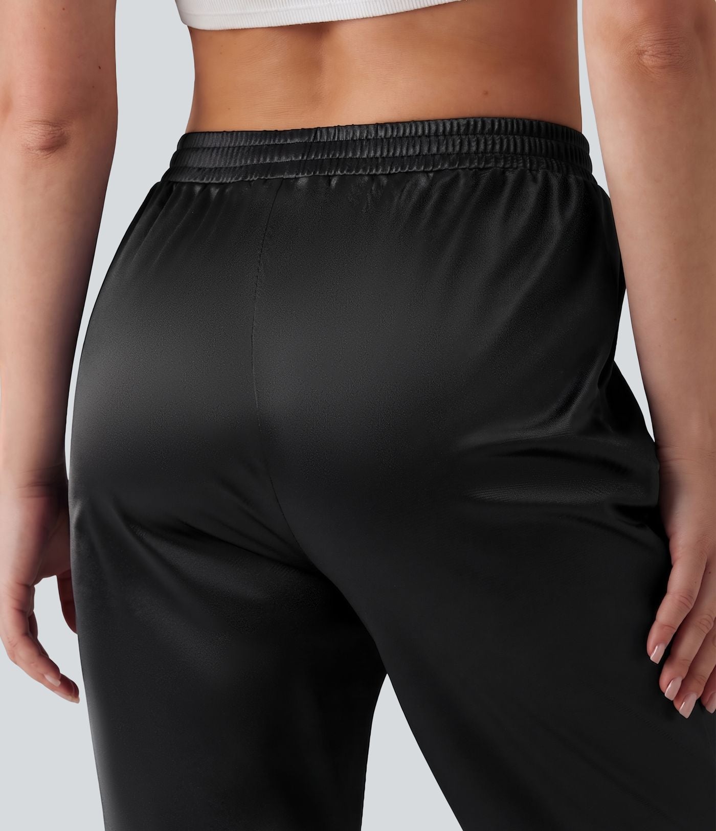 Pantalon tailleur fuselé en satin taille haute grande taille avec poches