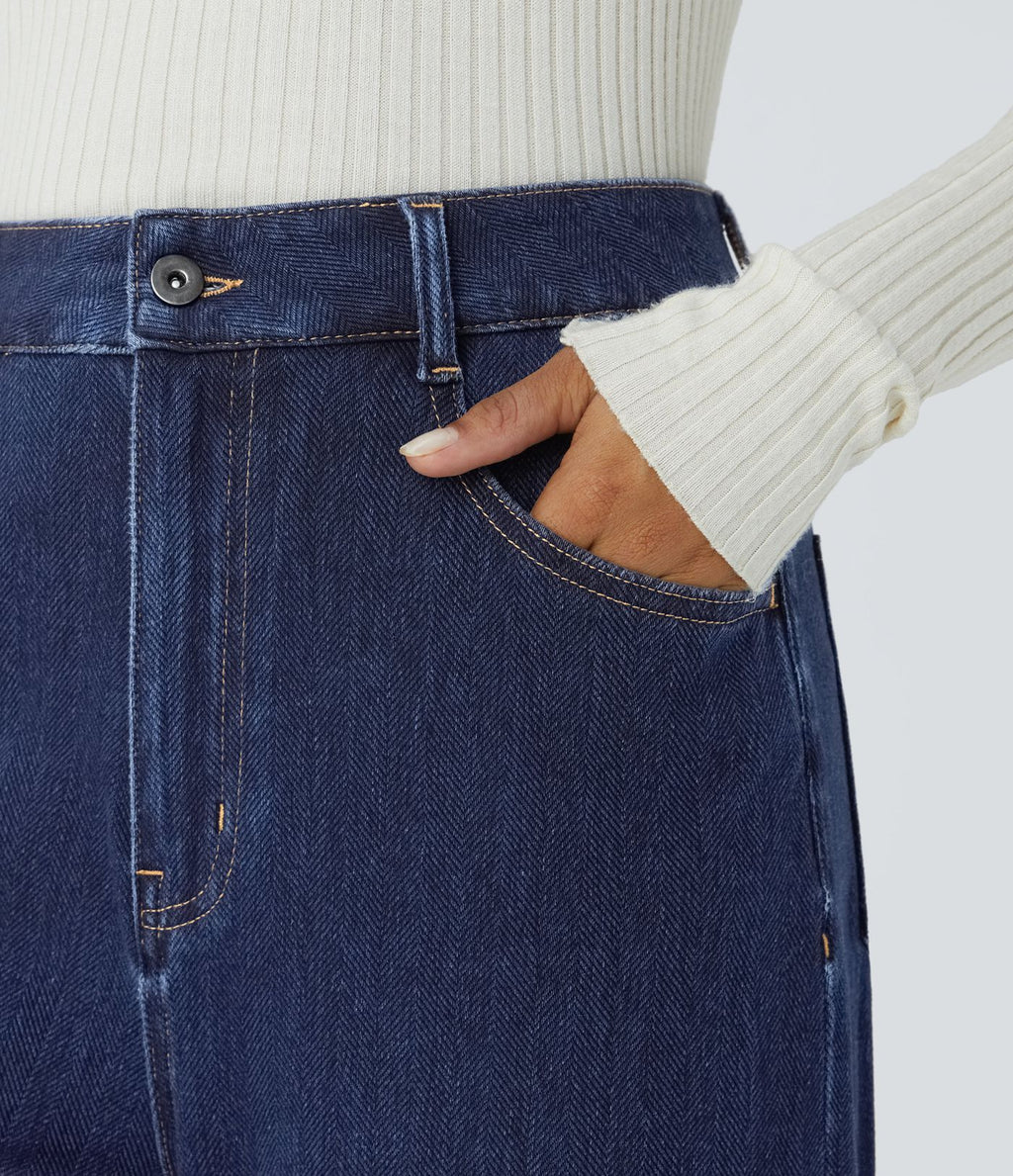 Jean décontracté Halara Flex™ effet chevron taille haute, jambes larges, ourlet roulotté et poches multiples