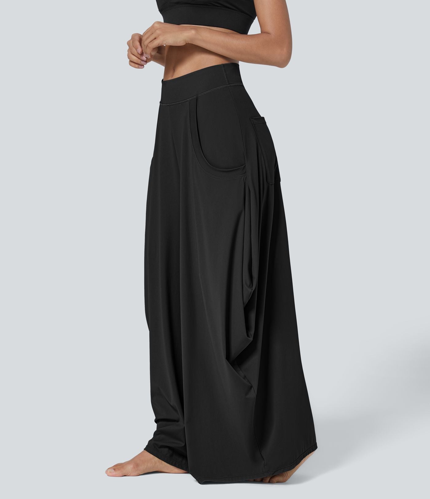 Pantalon décontracté drapé à poches multiples et taille moyenne, jambe large