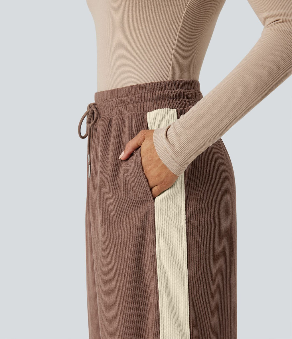 Pantalon jogging décontracté droit colorblock en velours côtelé, taille haute, avec cordon et poches