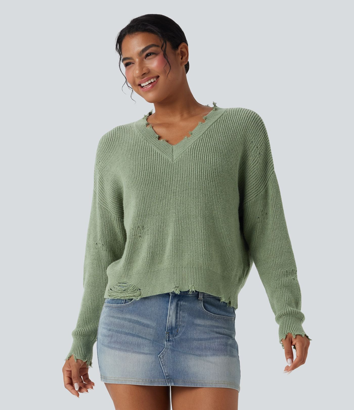 Pull casual col V délavé manches longues