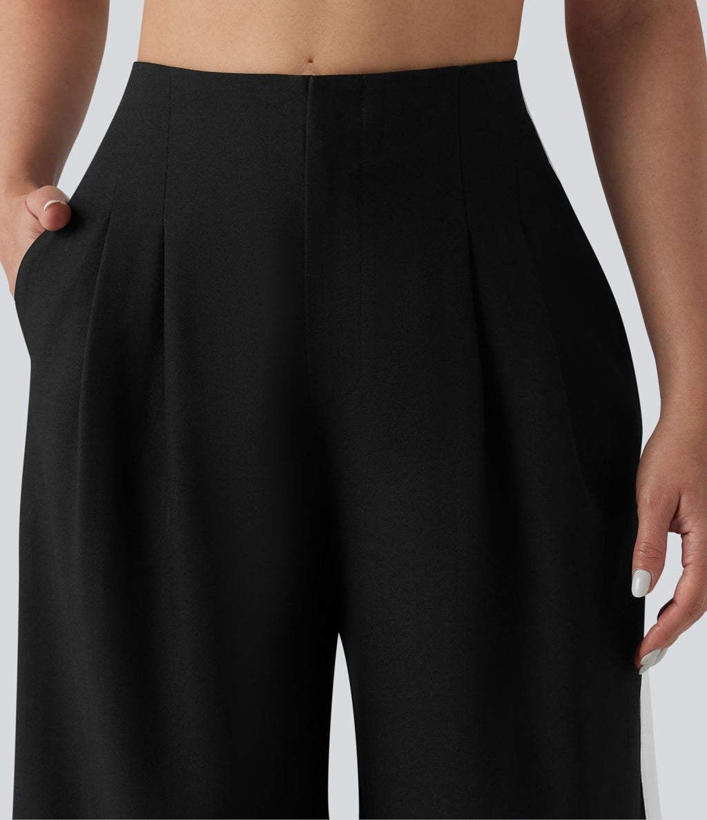 Pantalon large infroissable taille haute color block décontracté aspect lin avec poches