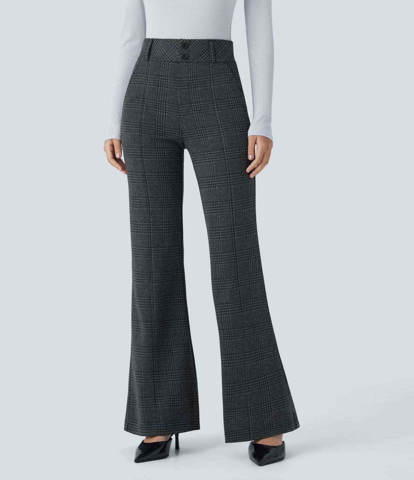 Halara Flex™ Pantalon tailleur évasé à carreaux pied-de-poule, taille haute avec boutons décoratifs et poches latérales