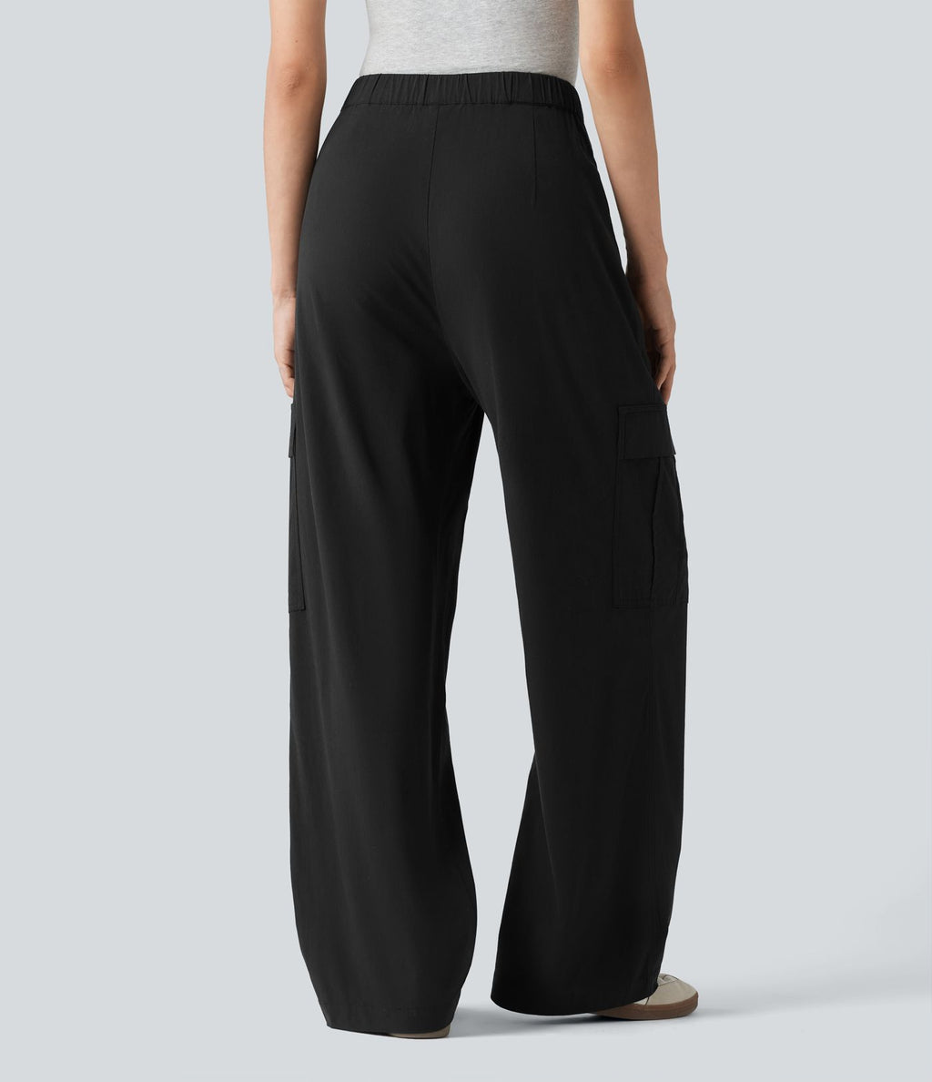 Pantalon cargo décontracté en lin extensible coupe droite taille mi-haute avec cordon de serrage et poches