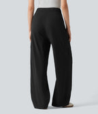Pantalon cargo décontracté en lin extensible coupe droite taille mi-haute avec cordon de serrage et poches