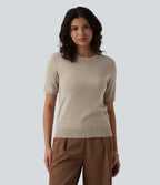 Pull tailleur ajusté col rond manches courtes mélange soie-laine