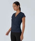 Blouse Travail Unie Froncée Croisée Manches Courtes Col en V