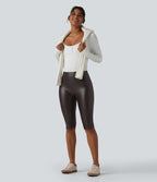 Legging corsaire casual ventre plat taille haute extensible en simili cuir avec poches