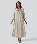 Robe midi casual à rayures aspect lin col V avec nœud, manches 3/4 fendues et poches