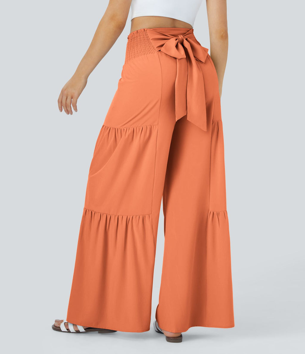 Breezeful™ Pantalon Large Casual Taille Haute Froncé à Nouer Devant et Dos Fluide Séchage Rapide
