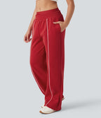 Pantalon large fluide polaire color block double ceinture gainant taille haute avec poches