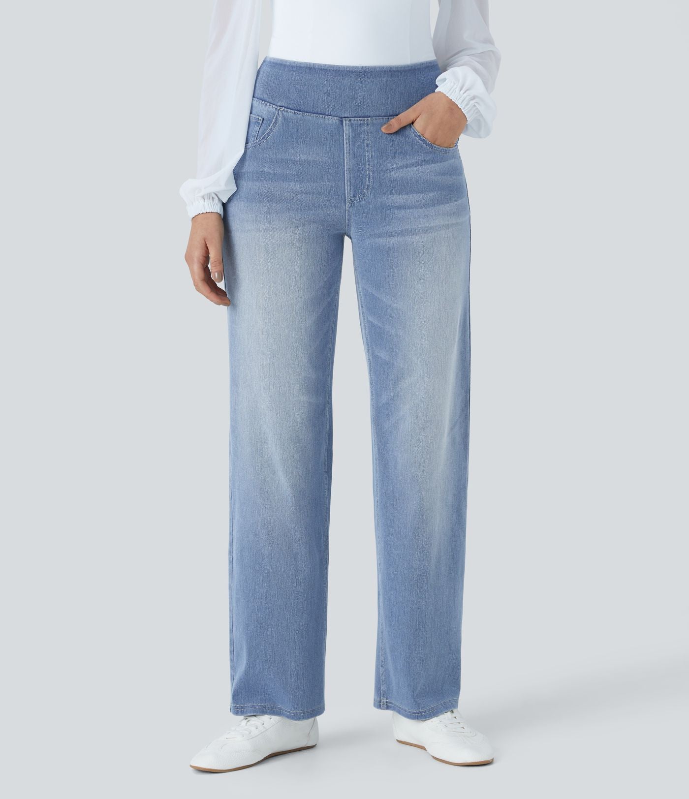 Jean décontracté Halara Flex™ taille haute, extensible, délavé, jambes droites avec poches multiples