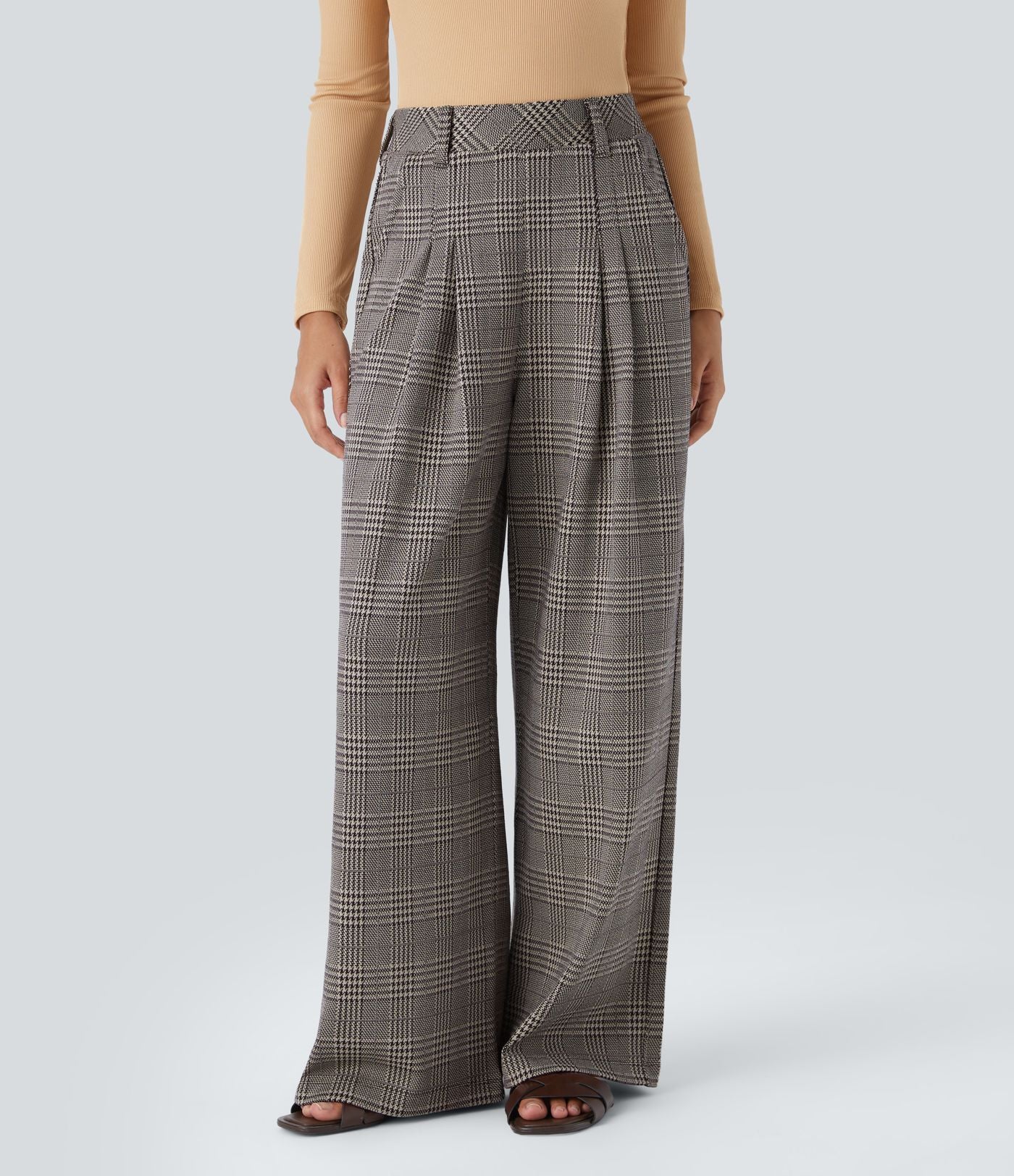 Pantalon taille haute décontracté large à carreaux, avec poches