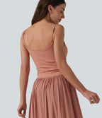 Robe nuisette longue décontractée fluide bretelles réglables froncée mesh contrasté soutien-gorge intégré