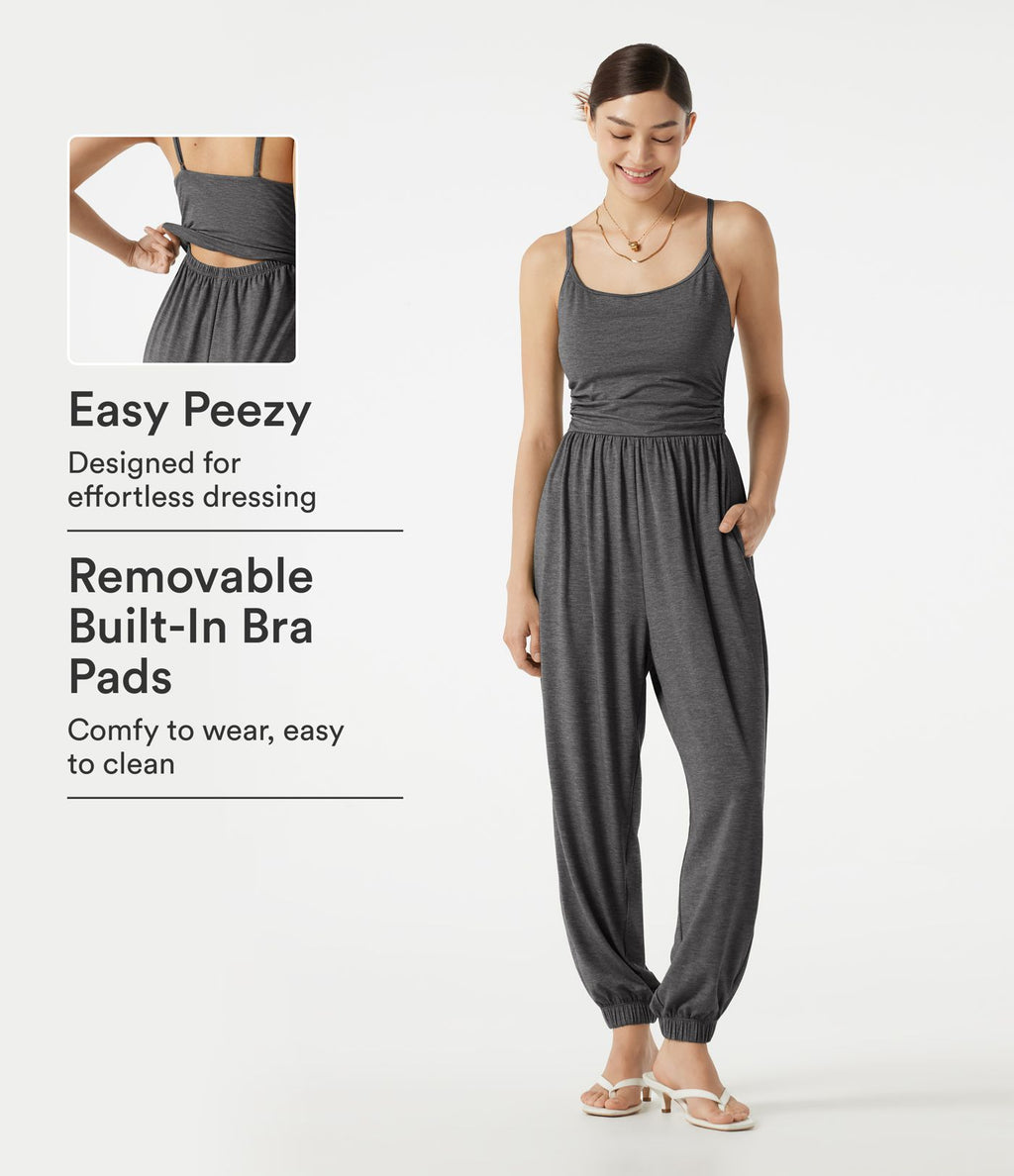 Combinaison jogging décontractée chinée à bretelles réglables, soutien-gorge intégré froncé et poches - Édition Easy Peasy