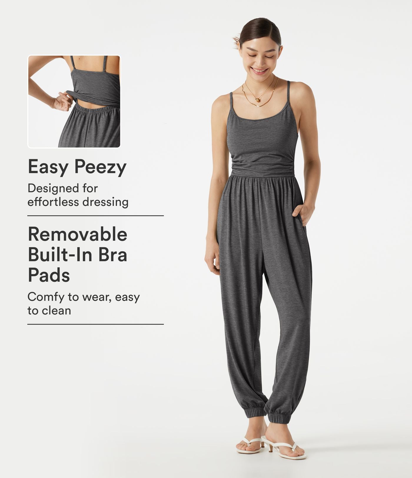 Combinaison jogging décontractée chinée à bretelles réglables, soutien-gorge intégré froncé et poches - Édition Easy Peasy