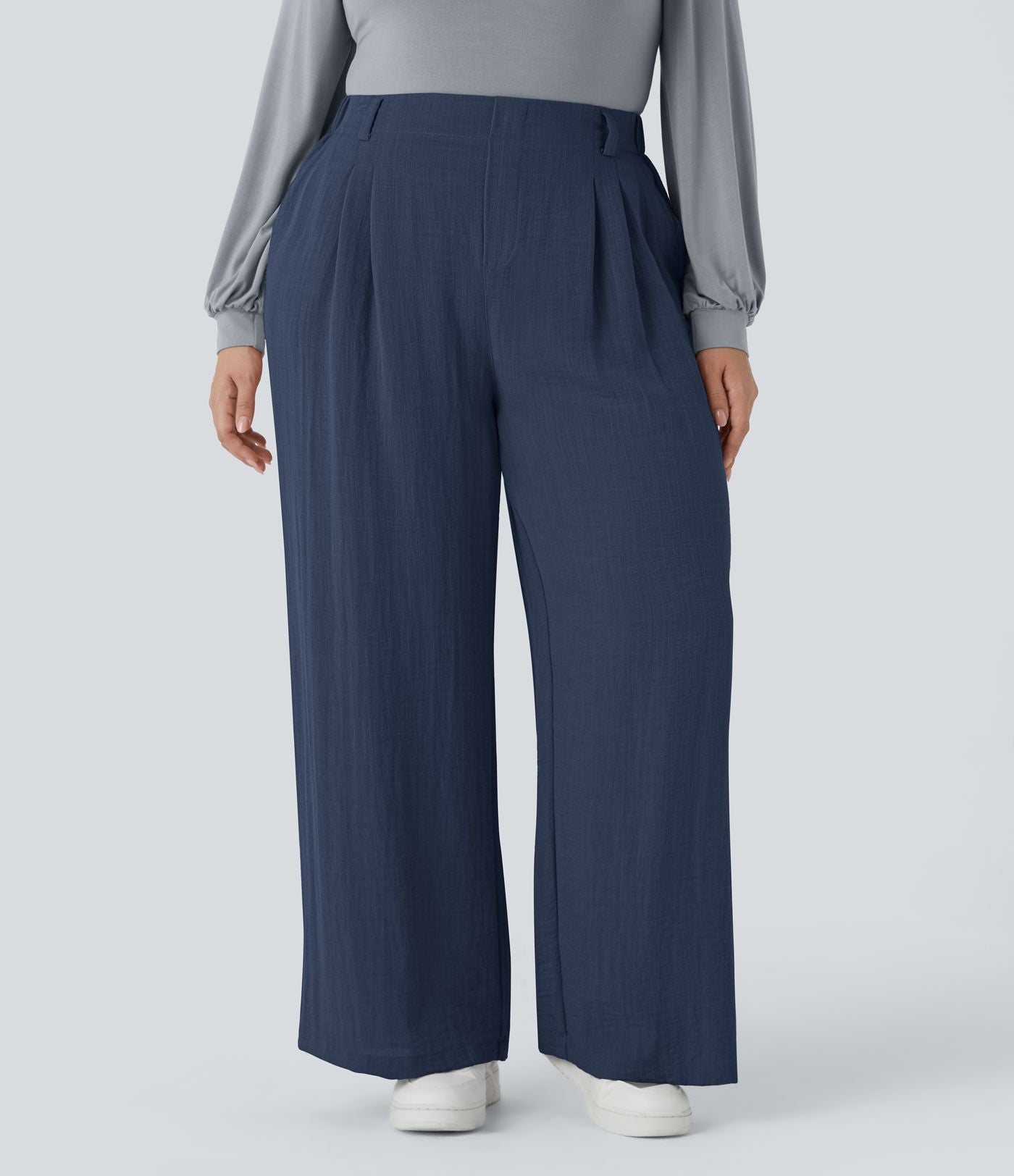 Pantalon décontracté palazzo large effet lin, taille haute, grande taille, avec poches