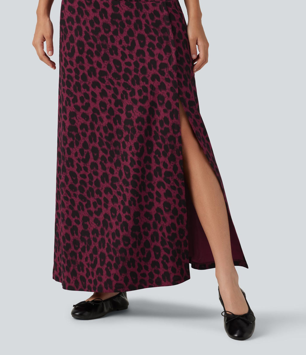 Jupe casual maxi gaufrée léopard taille haute gainante à poche