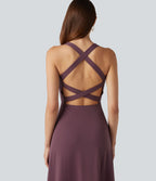 Robe mi-longue fluide de soirée dos nu croisé avec fente, ourlet à volants et soutien-gorge intégré