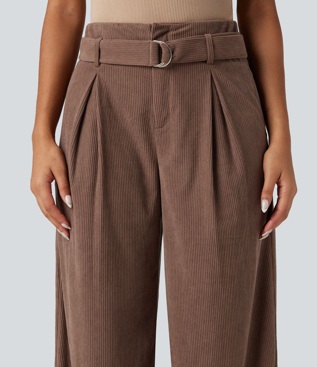 Pantalon décontracté large en velours côtelé avec ceinture, taille haute, avec poches