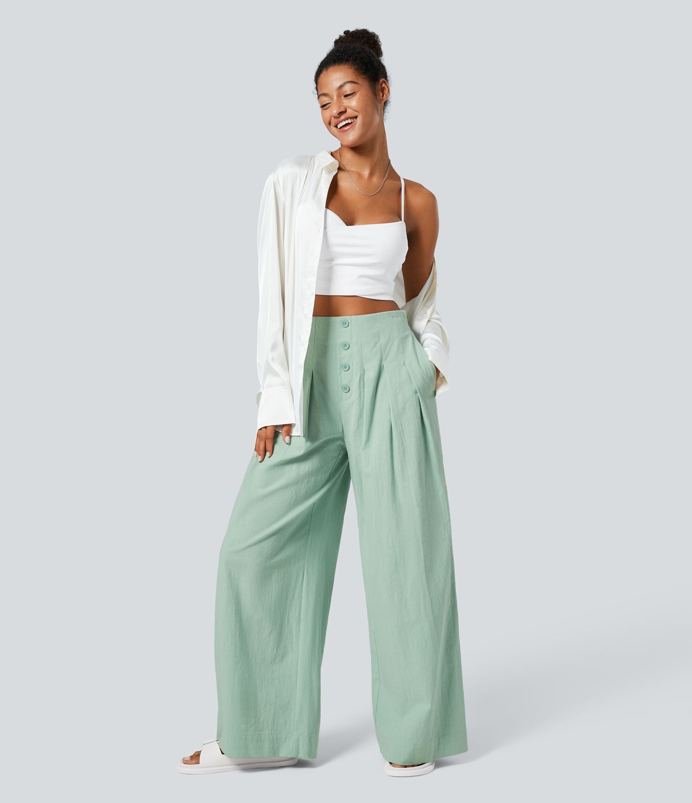 Pantalon Large Casual en Coton à l'Aspect Lin Taille Haute et Poches Latérales Boutonnées
