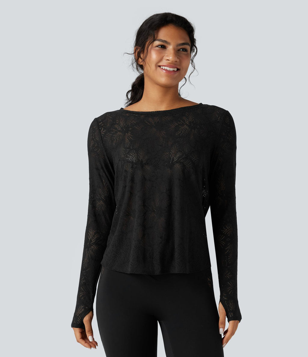 Top de sport yoga dentelle col rond manches longues liens dans le dos avec trous pouces