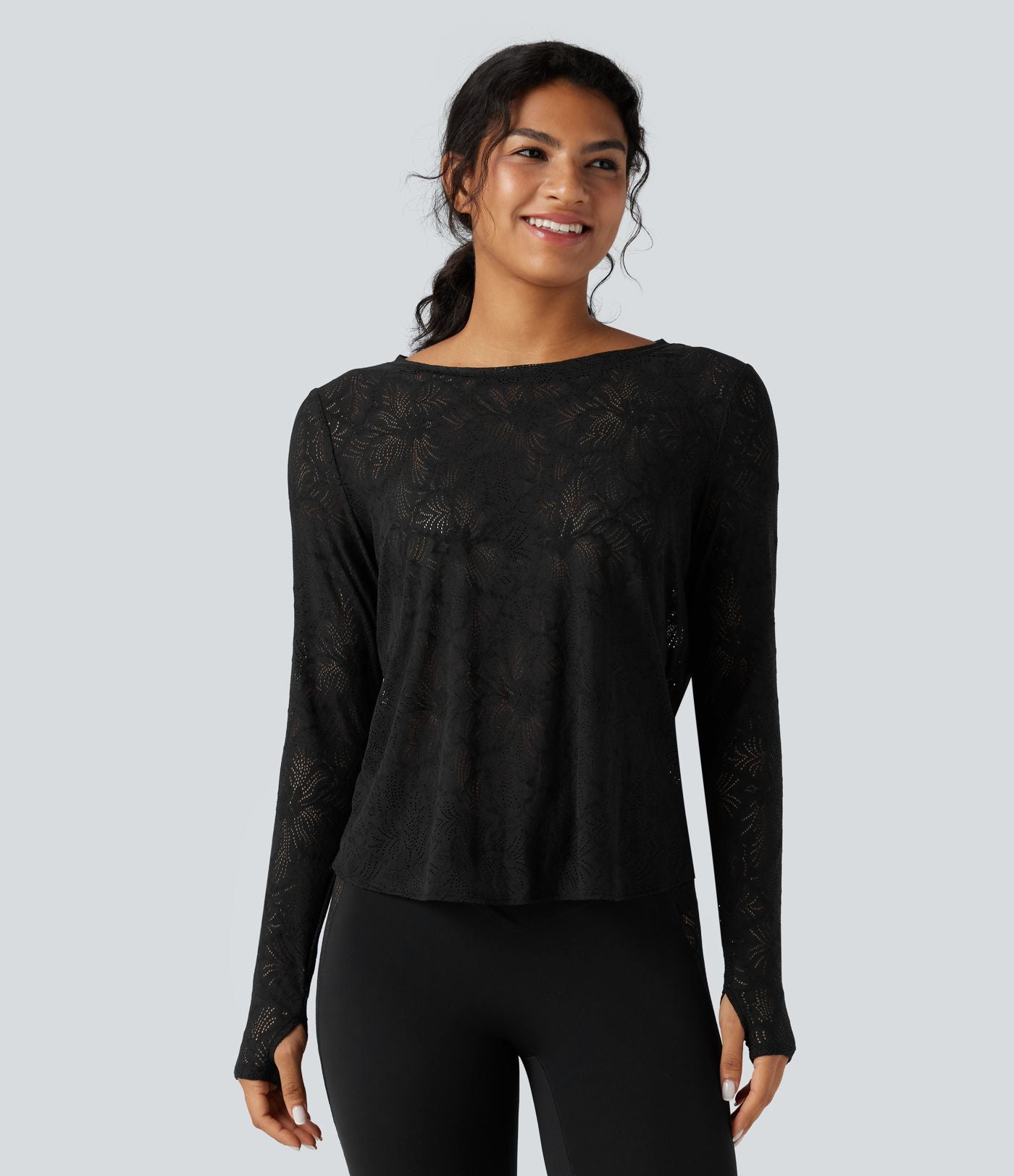 Top de sport yoga dentelle col rond manches longues liens dans le dos avec trous pouces