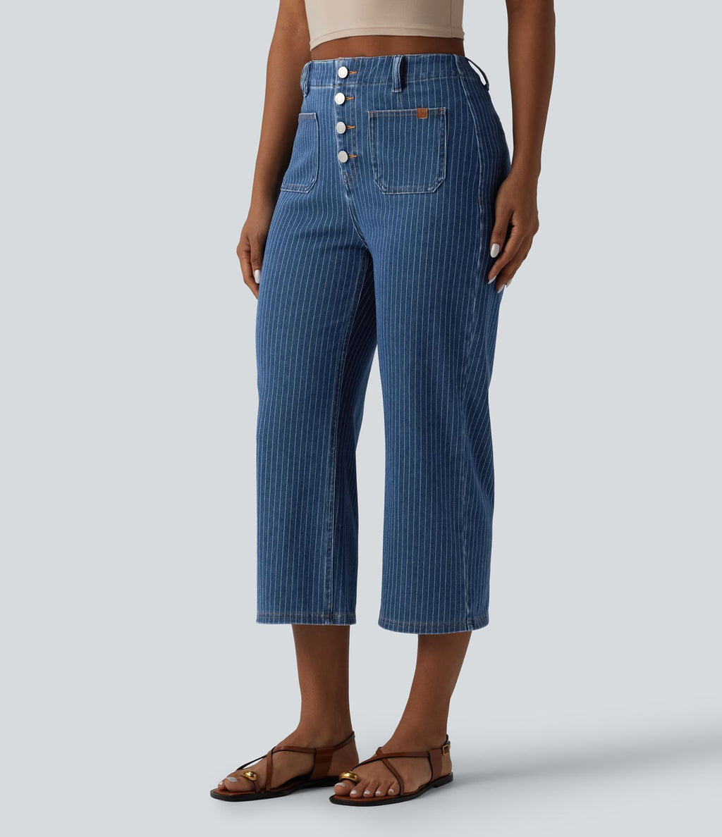 Jean droit court décontracté Halara Flex™ rayé taille haute avec poches