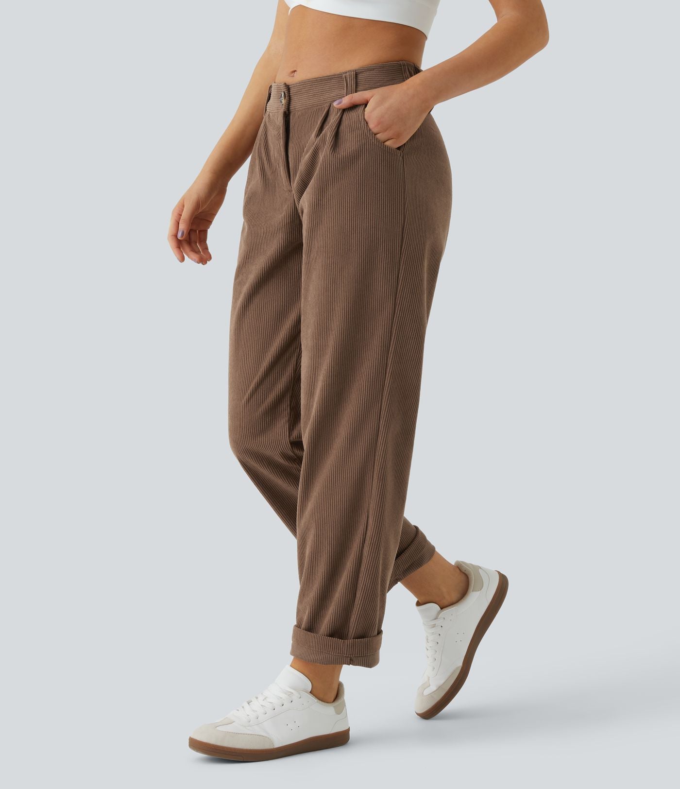 Pantalon en velours côtelé décontracté taille moyenne avec poches latérales
