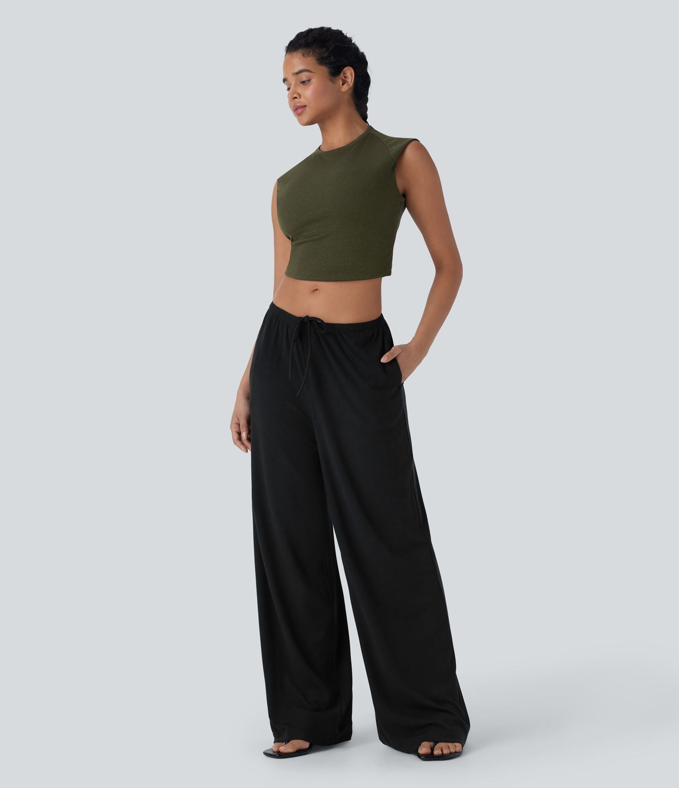 Pantalon fluide ample à taille basse avec cordon de serrage, côtes extensibles, doux pour la peau et poches latérales