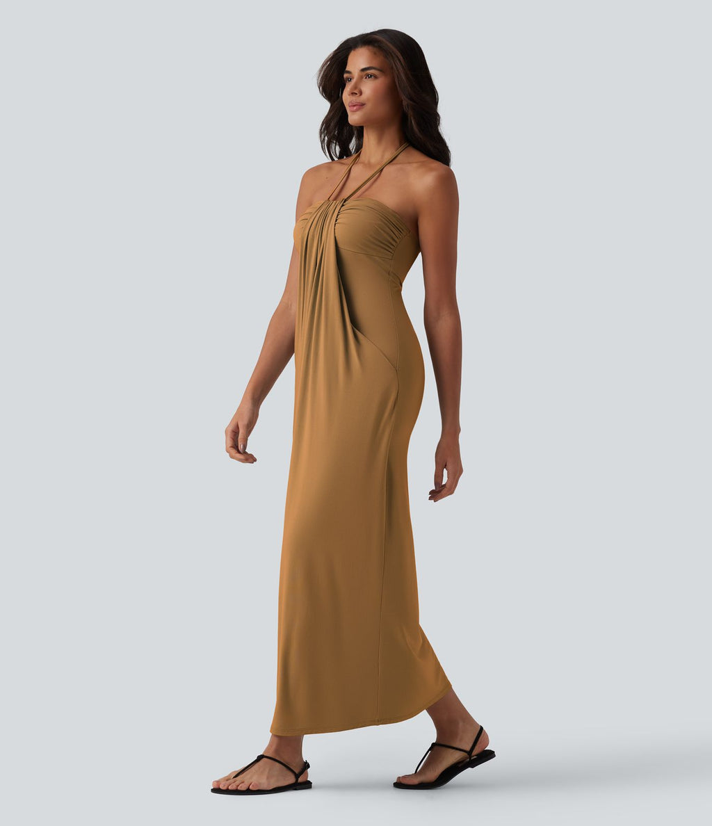 Robe longue dos nu col licou avec nœud et poches
