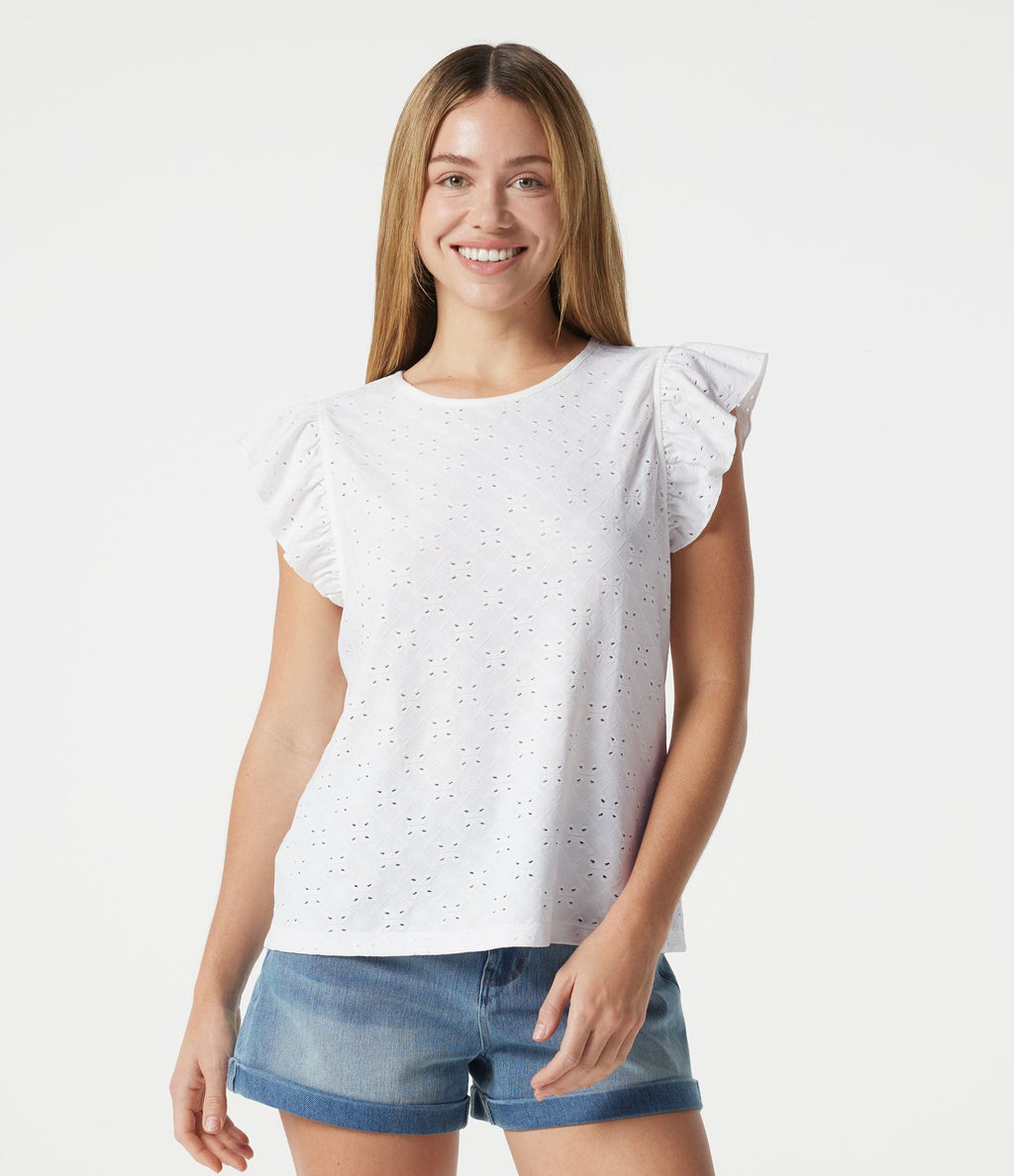 Top casual col rond à manches à volants en broderie anglaise