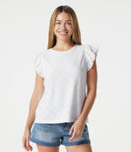 Top casual col rond à manches à volants en broderie anglaise