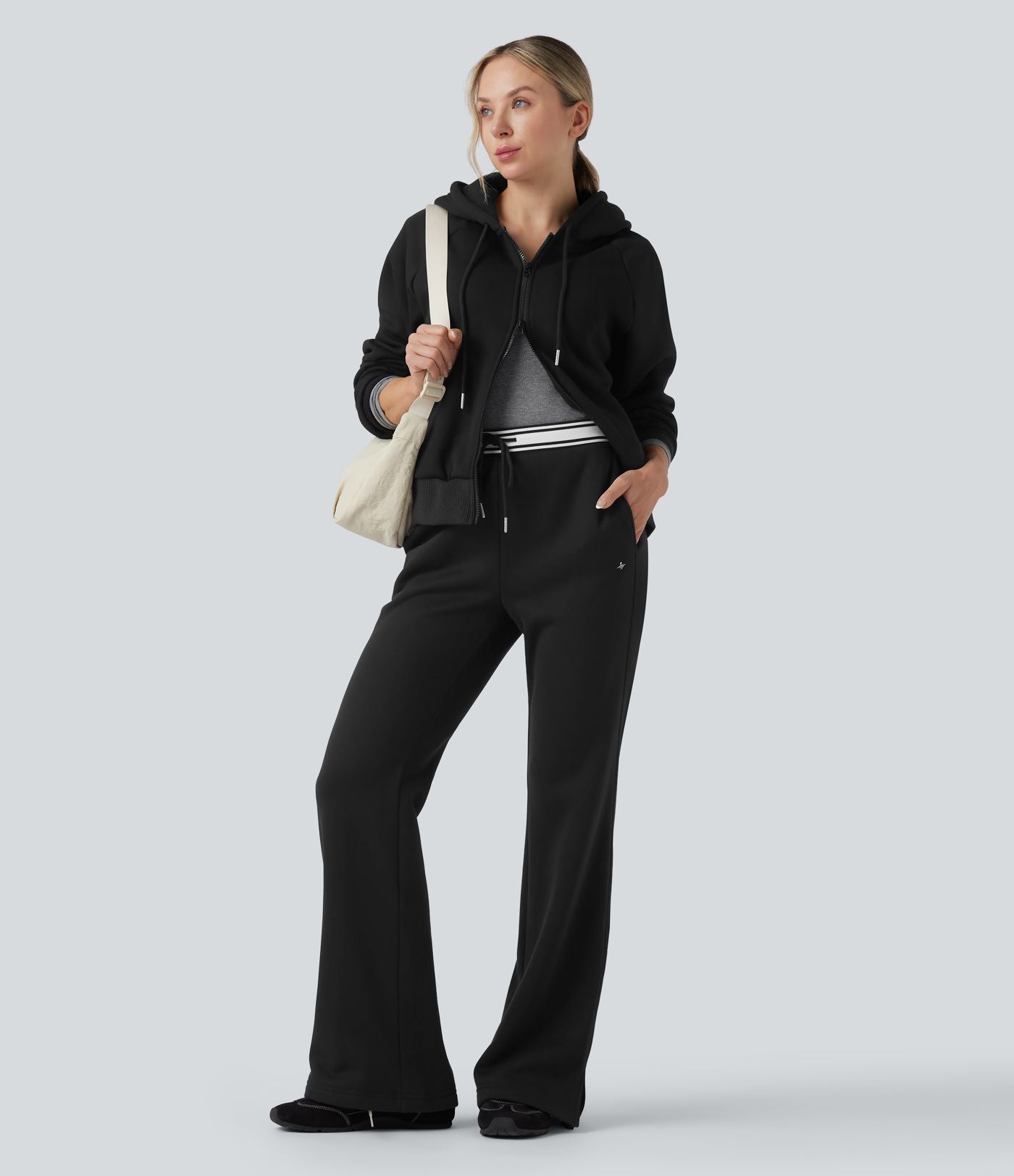 Pantalon jogging évasé molleton coton taille haute avec cordon de serrage, poches, empiècements contrastés et ourlet fend