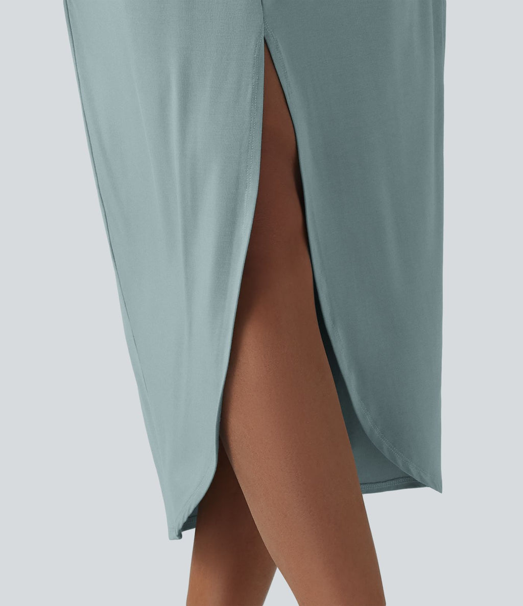 Robe midi col V manches chauve-souris ourlet tulipe torsadé